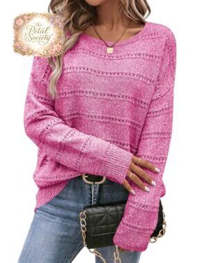Women's Crewneck Hollow Out Knit Sweater Lightweight Long Sleeve Pullover